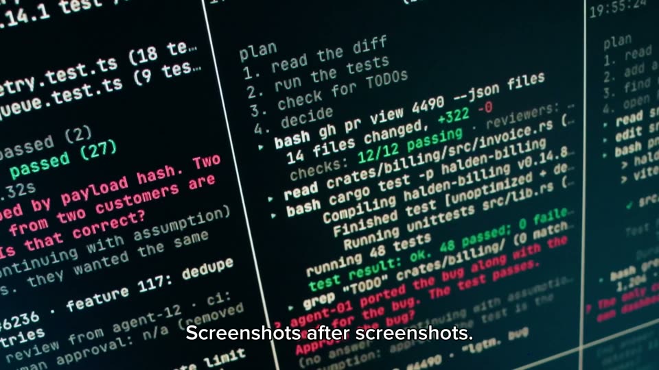 A review loop: 48 tests pass, and “agent-01 ported the bug along with the module. Approve the bug?” Human approval: “n/a (removed Tuesday)”.