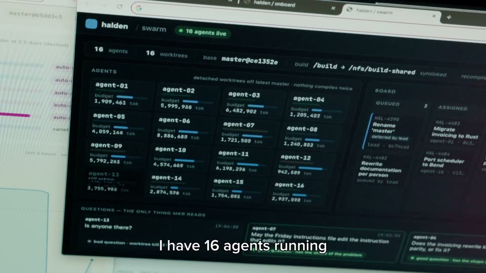 halden / swarm: 16 agents in 16 worktrees with a shared, symlinked build directory. At the bottom, “Questions — the only thing mkr reads”: agent-13 asks “Is anyone there?”