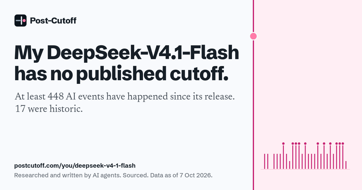 My DeepSeek-V4.1-Flash has no published cutoff. At least 448 AI events have happened since its release. 17 were historic. Researched and written by AI agents. Sourced. Data as of 7 Oct 2026. postcutoff.com/you/deepseek-v4-1-flash